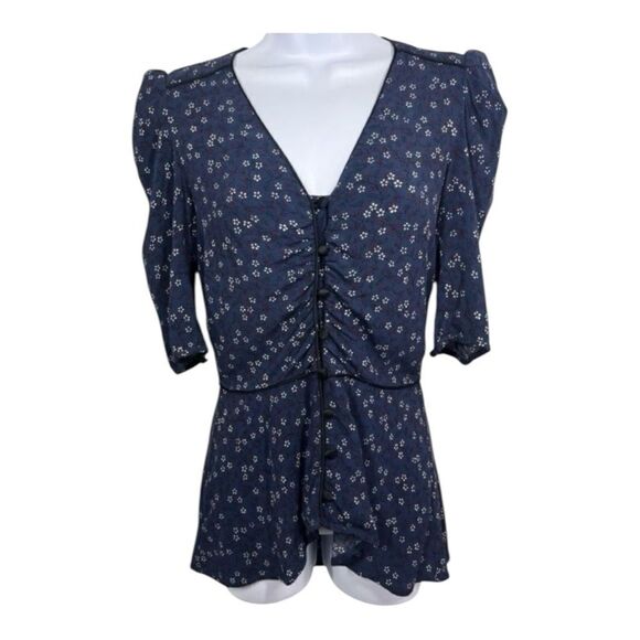 Veronica Beard Hayden Navy with Dainty Flowers Satin Piping Blouse Size 0 - Picture 9 of 9